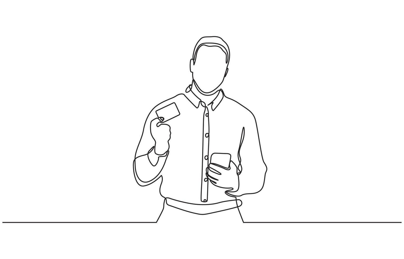 Continuous one line drawing of man holding business card concept of online shopping, Man hand holding a blank card illustration continuous line drawing. vector
