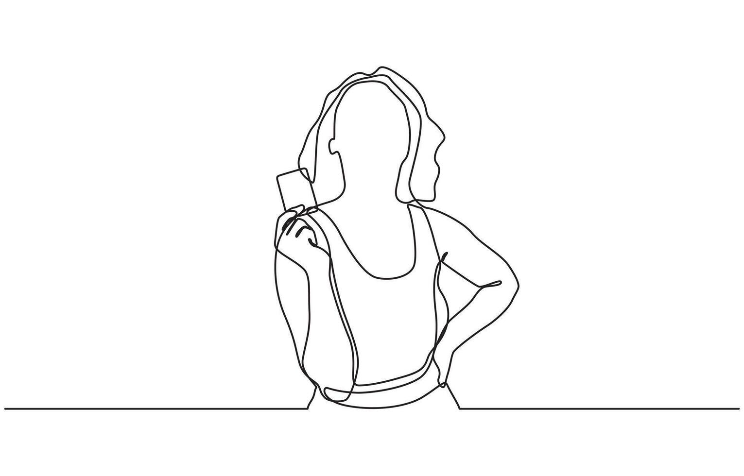 Single one line drawing happy woman use online shopping services. E-commerce concept. Continuous line draw design graphic illustration vector