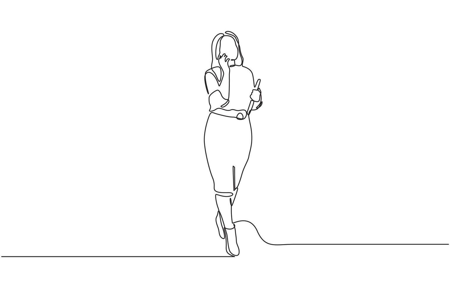 Continuous line drawing of happy young business woman holding briefcase. Single one line sketch editable stroke art of office worker. editable illustration vector