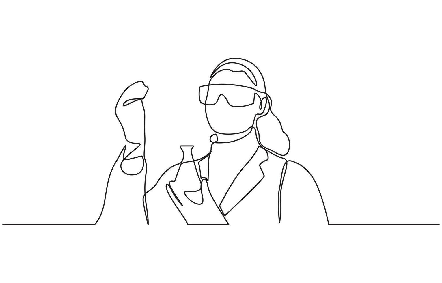 One continuous line drawing of boy added chemicals for research, Tests with liquid in tube. Scientist concept line art vector