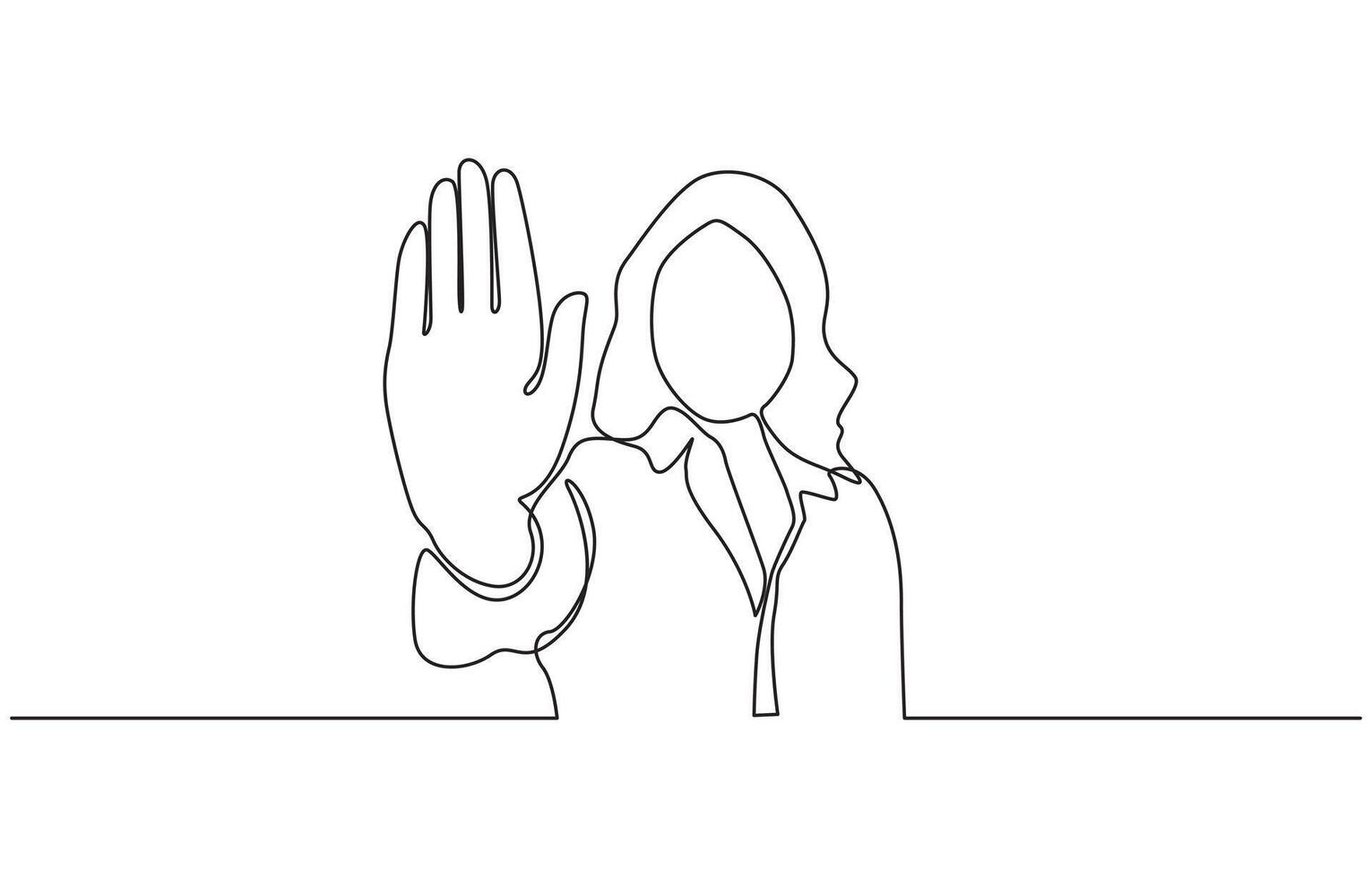 Confident woman making stop no sign with her hand palms line drawing, Single continuous line drawing young business woman showing palm as stop sign. vector