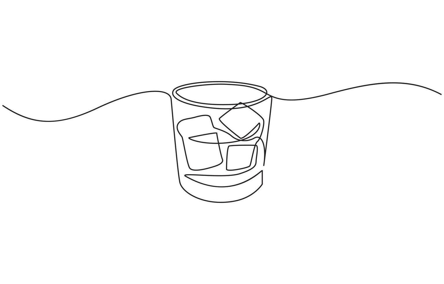 Whiskey glasses in one continuous line drawing. Whisky and liquor with ice cubes for alcohol drink menu in simple design vector
