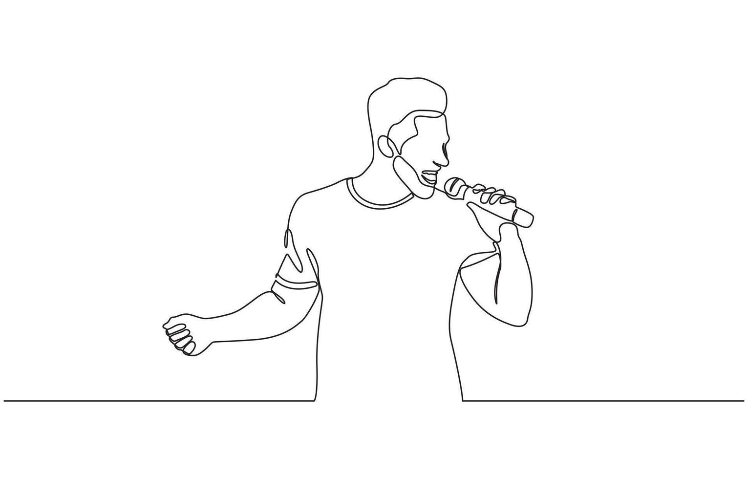 Single continuous line drawing of young happy male pop singer holding microphone and singing, Musician artist performance concept design illustration. vector