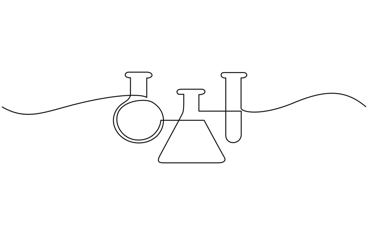 Lab experiment tools in continuous single one line art drawing. Scientific technology research medicine glass equipment design one sketch outline drawing illustration vector