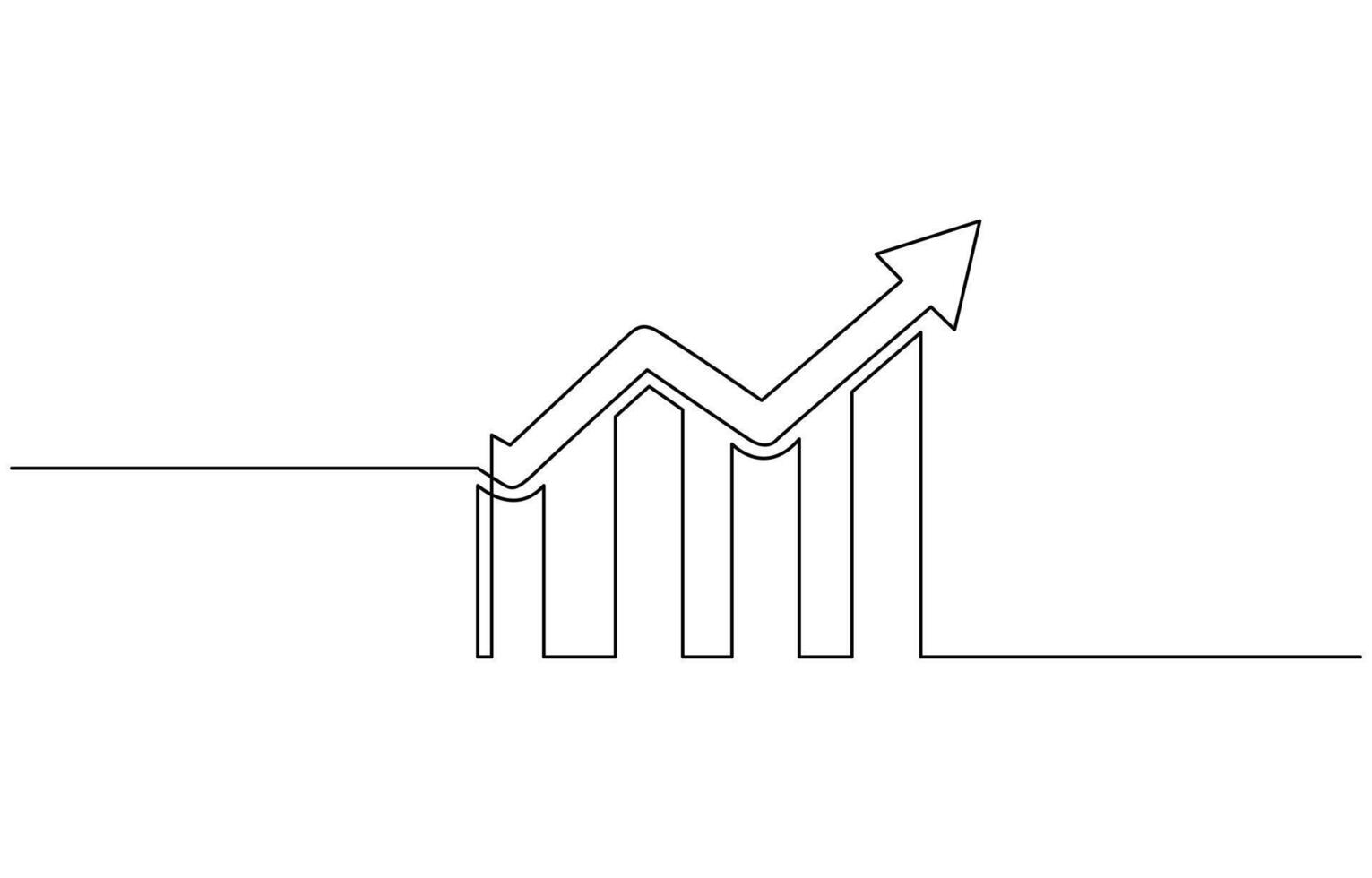 Continuous one line drawing of graph. Flat icon of increasing arrow up. Single line art of bar chart. Flat design icon of business growth. Editable outline vector