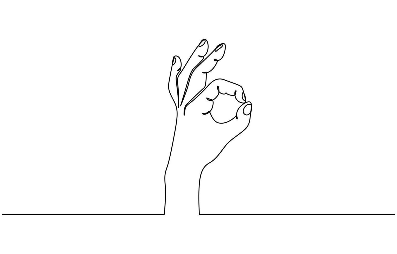 Black and white one continuous line ok hand gesture illustration, ok symbol drawing isolated on white background. vector