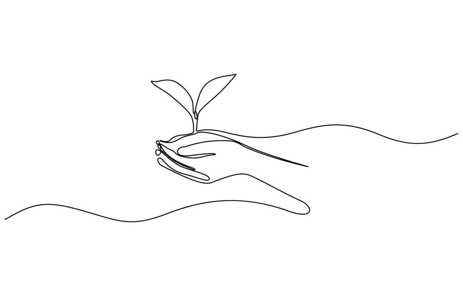 One line drawing of sprout in hand. Continuous line growing plant in hand palm. Growing plant in hand palm. Hand-drawn illustration vector