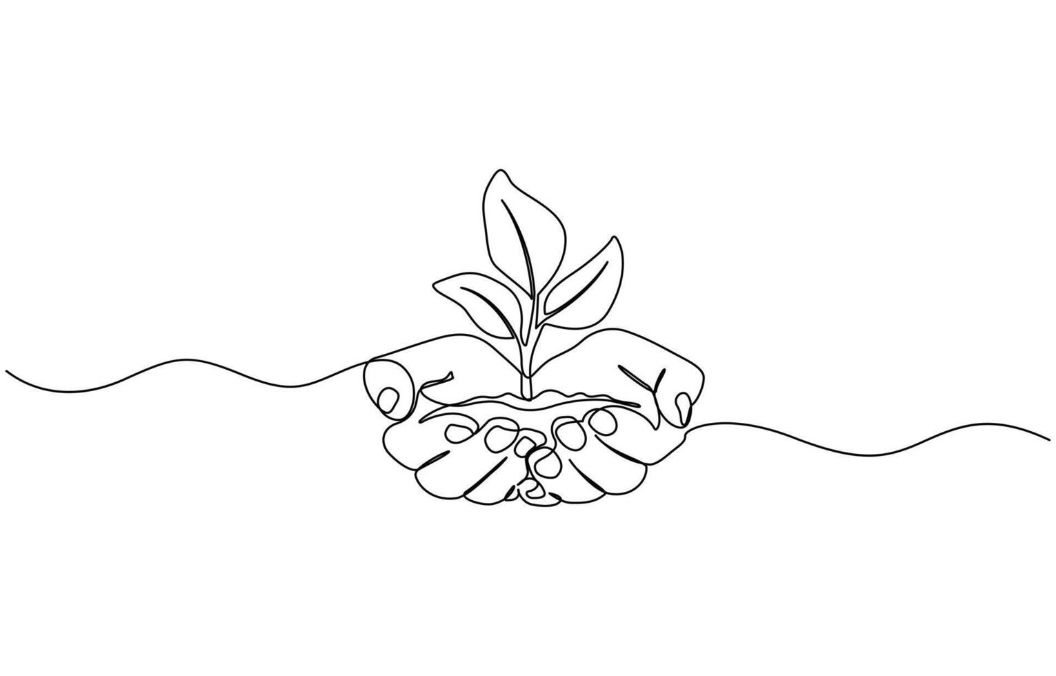 One line drawing of sprout in hand. Continuous line growing plant in hand palm. Growing plant in hand palm. Hand drawn illustration. vector