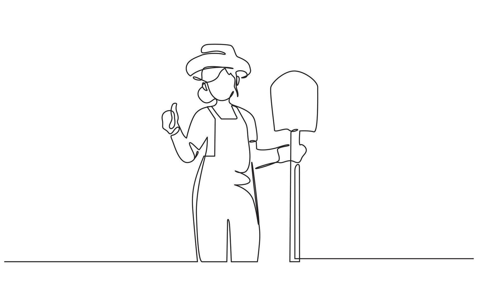 Single one line drawing of farmer with gesture okay wearing straw hat and carrying shovel to work on the farm. Success business concept. Modern continuous line draw editable outline design vector