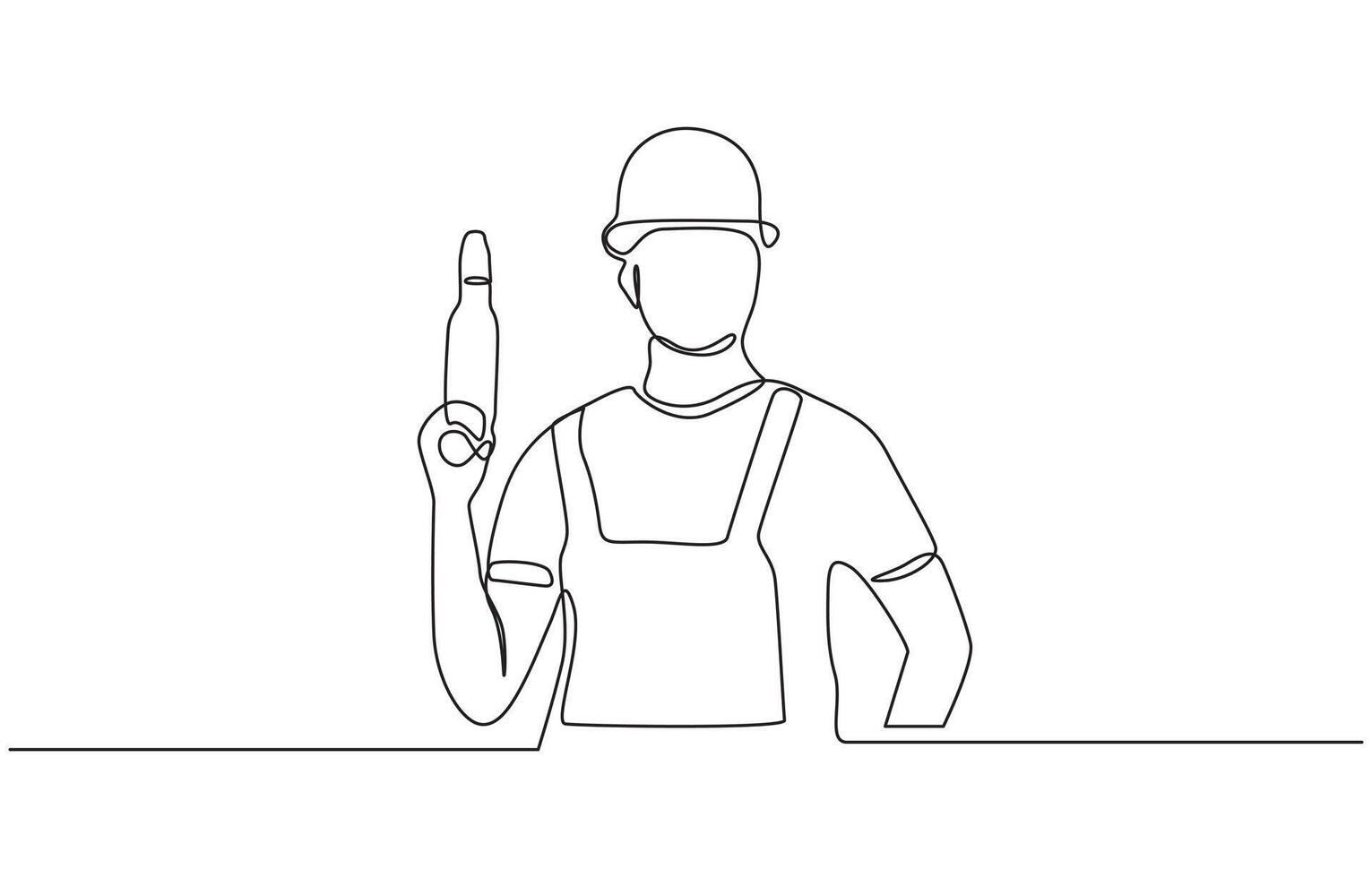 Continuous line drawing of young handyman wearing uniform while holding drill machine. Builder man holding drill and wearing helmet. One continuous line art drawing, Editable outline. vector