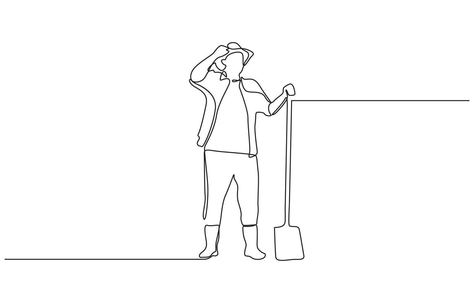 Single one line drawing of farmer with gesture okay wearing straw hat and carrying shovel to work on the farm. Success business concept. Modern continuous line draw design vector