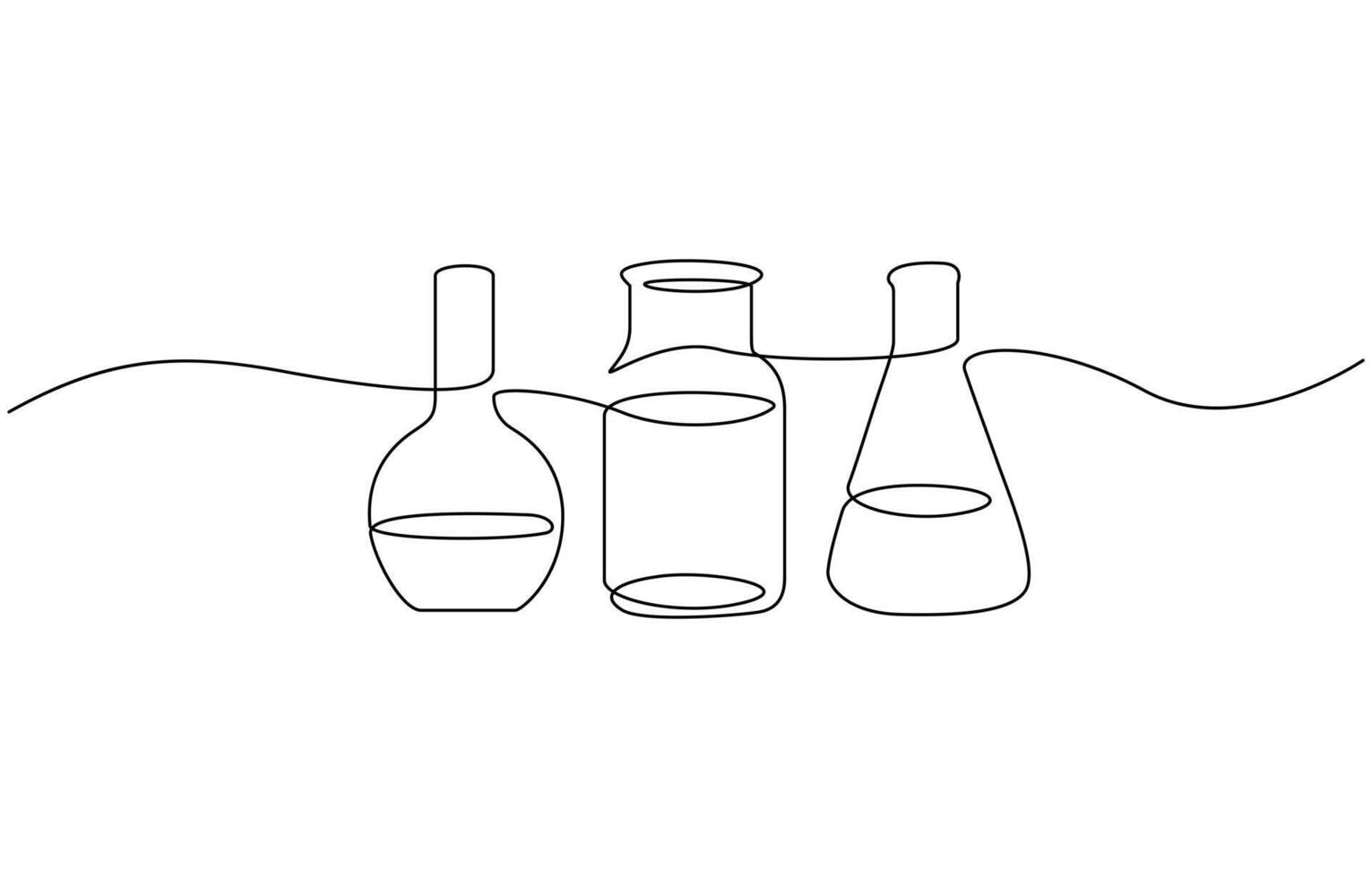 Lab experiment tools in continuous single one line art drawing. Scientific technology research medicine glass equipment design one sketch outline drawing illustration. Editable outline. vector