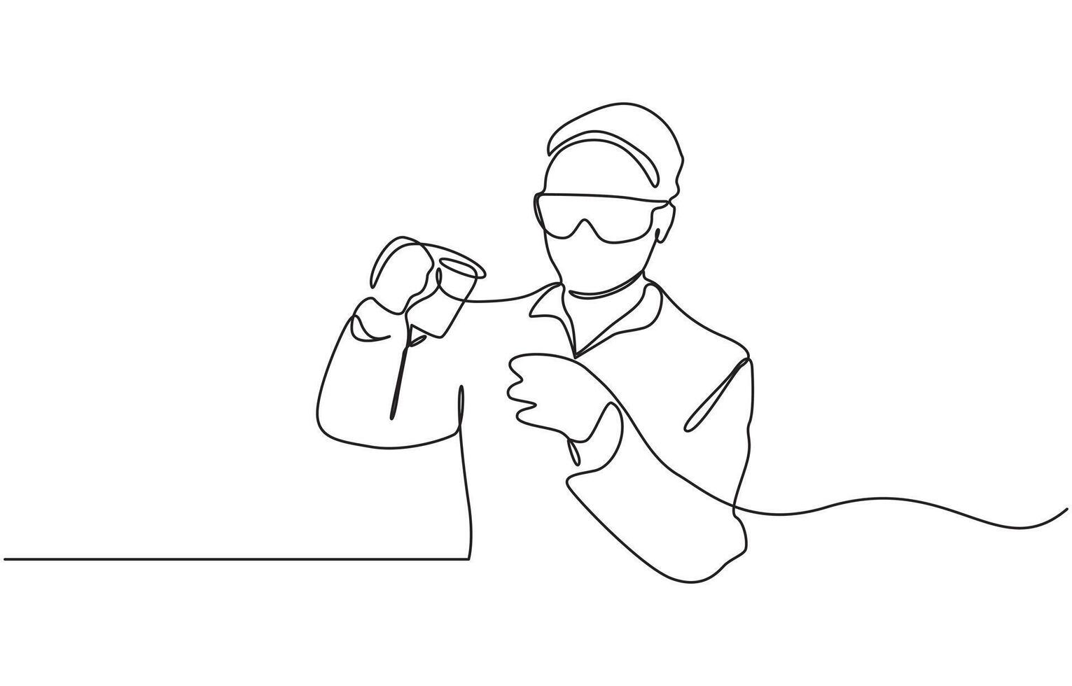 One continuous line drawing of boy added chemicals for research, Tests with liquid in tube. Scientist concept line art pro illustration. vector