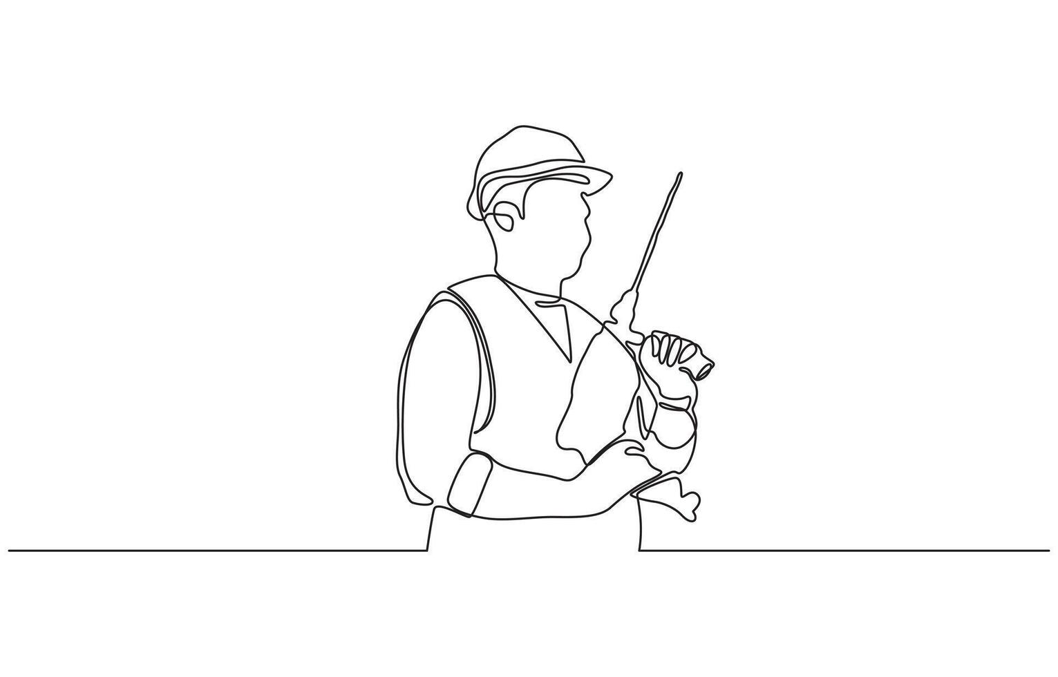 Continuous line drawing of young handyman wearing uniform while holding drill machine. Builder man holding drill and wearing helmet. One continuous line art drawing, Editable stroke. vector