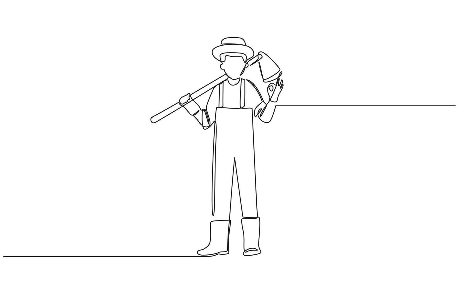 Single one line drawing of farmer with gesture okay wearing straw hat and carrying shovel to work on the farm. Success business concept. Modern continuous line draw outline design. vector