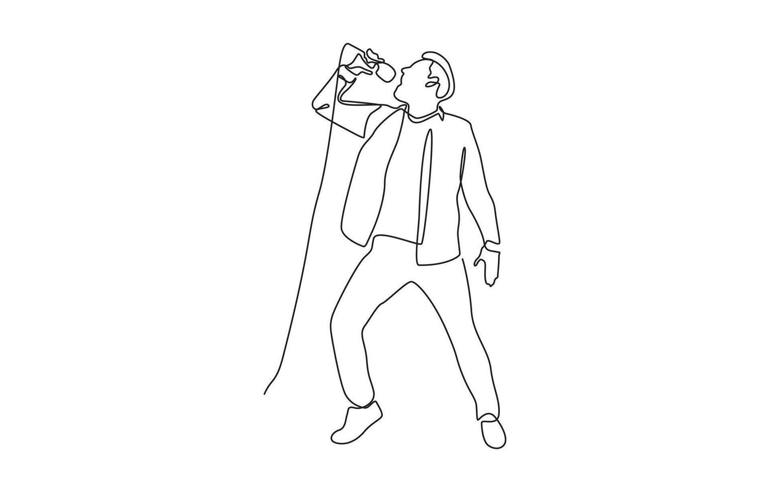 Single continuous line drawing of young happy male pop singer holding microphone and singing, Musician artist performance concept pro design. vector