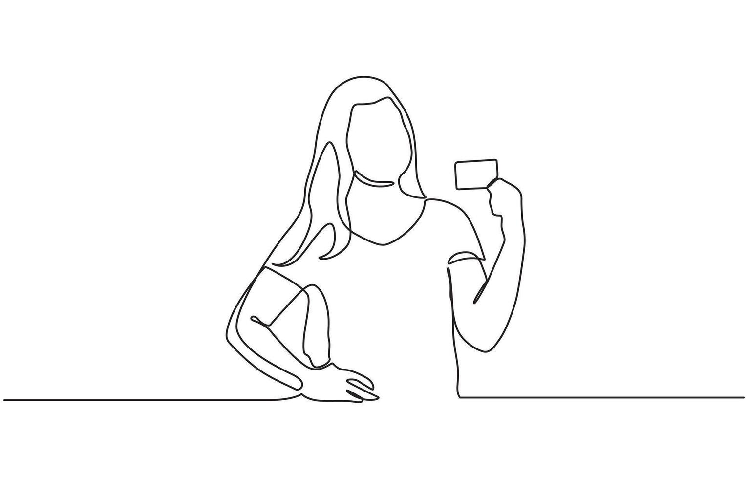 Single one line drawing happy woman use online shopping services. E-commerce concept. Continuous line draw design graphic illustration. vector