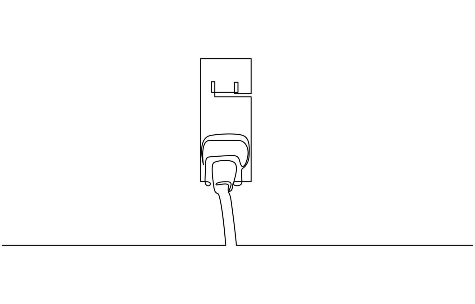 Plug inserting into electric outlet in continuous line art drawing style, Power plug and socket minimalist line, Continuous line art drawing of a plug being inserted into an electric. Editable outline vector