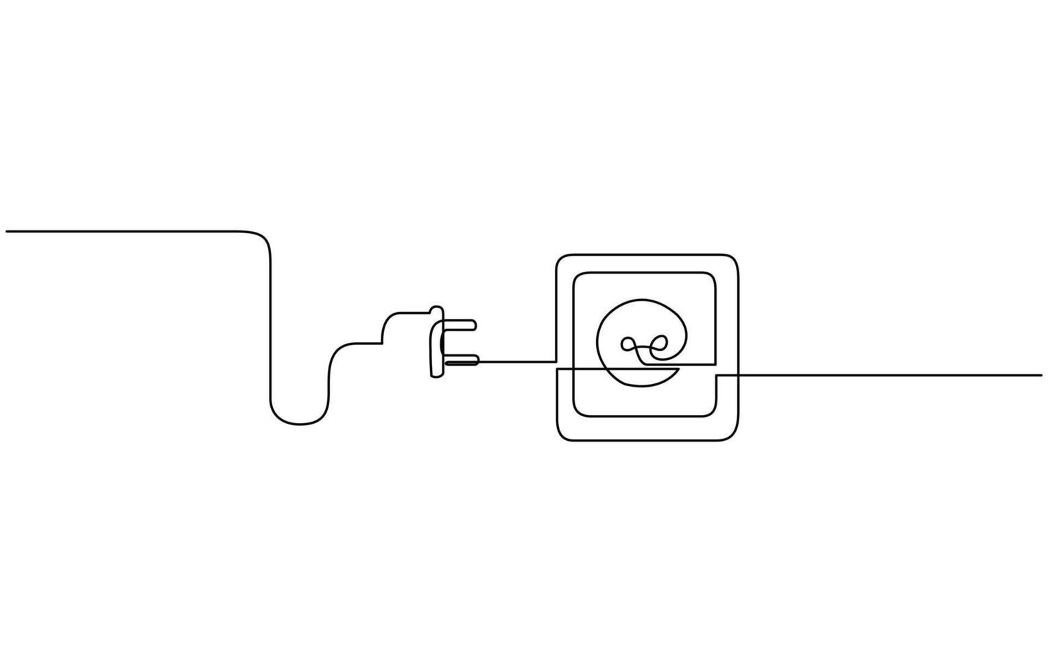 Plug inserting into electric outlet in continuous line art drawing style, Power plug and socket minimalist line, Continuous line art drawing of a plug being inserted into an electric, Editable outline vector