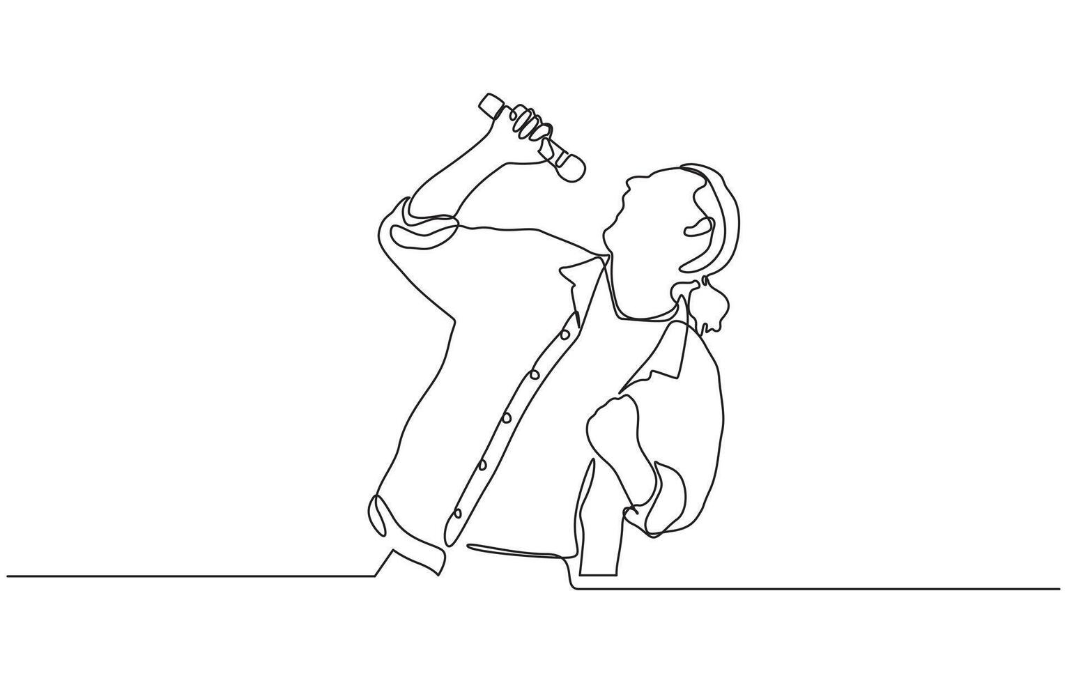 Single continuous line drawing of young happy male pop singer holding microphone and singing, Musician artist performance concept design vector