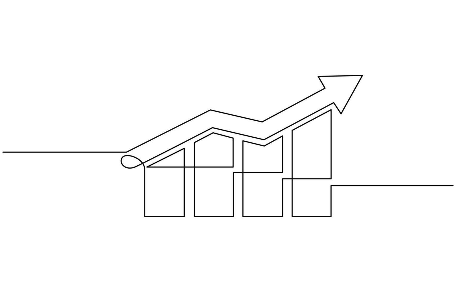 Continuous one line drawing of graph. Flat icon of increasing arrow up. Single line art of bar chart. Flat design icon of business growth vector