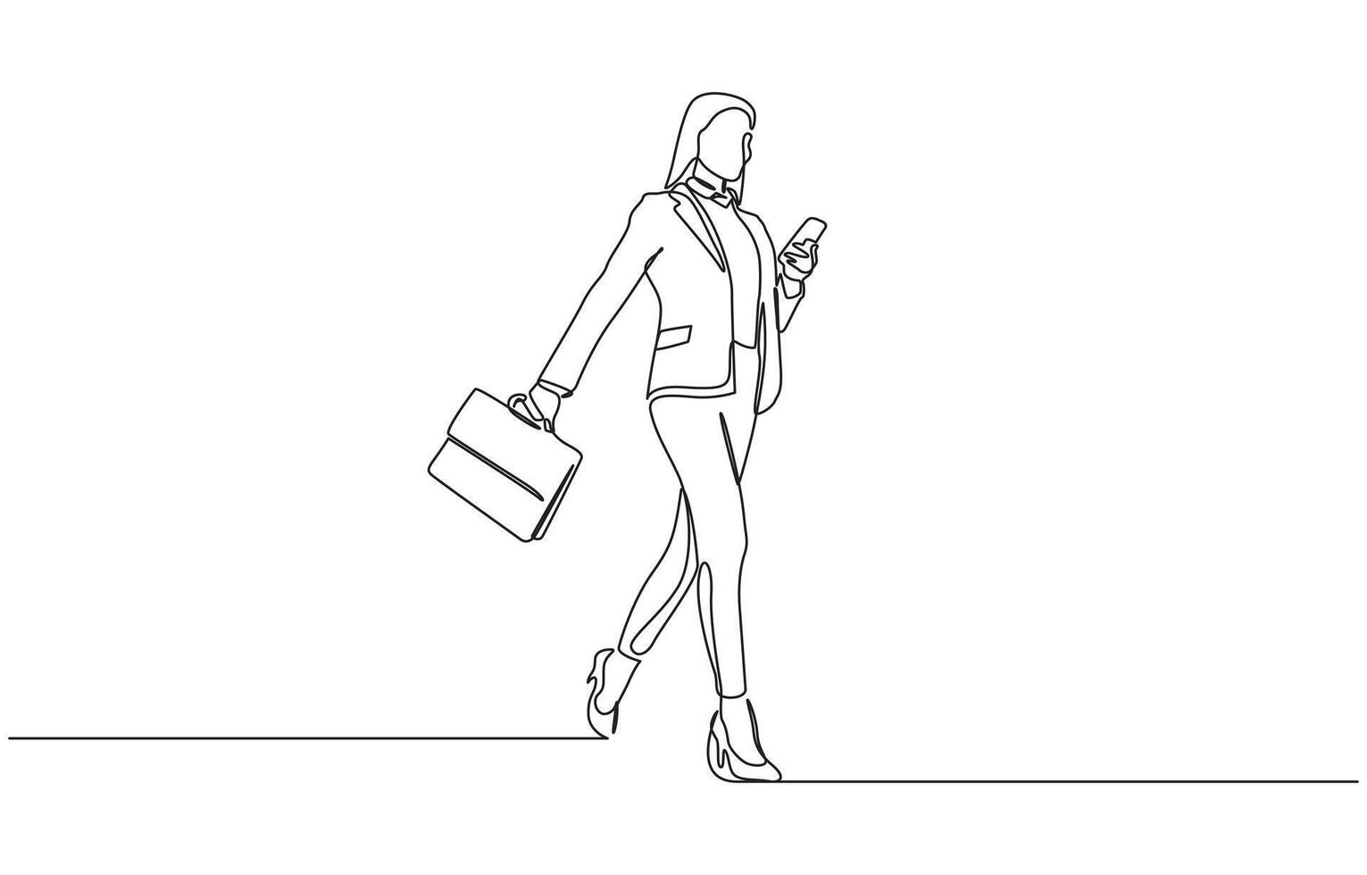 Continuous line drawing of happy young business woman holding briefcase. Single one line sketch editable stroke art of office worker. pro illustration vector