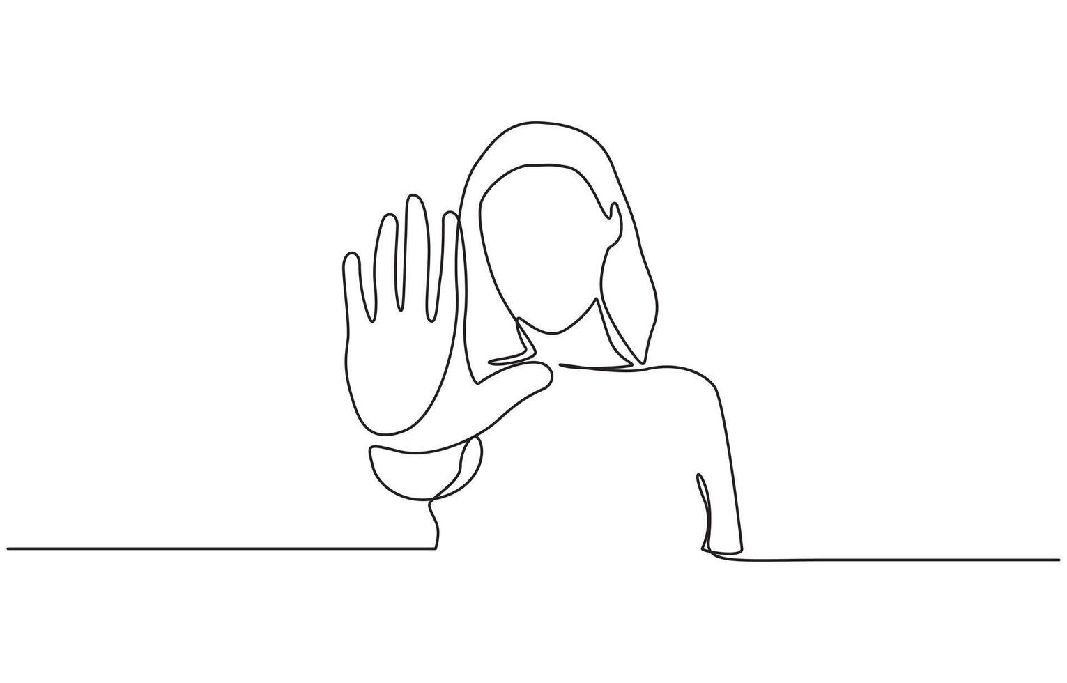 Confident woman making stop no sign with her hand palms line drawing, Single continuous line drawing young business woman showing palm as stop sign illustration line art vector