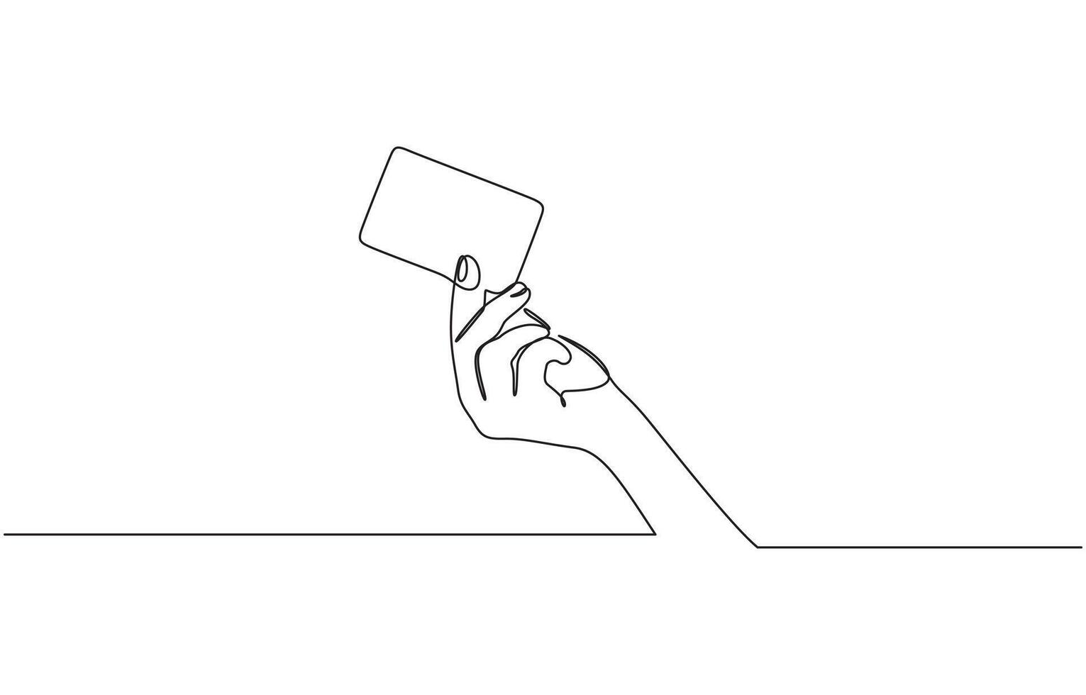Hand holding credit card in a continuous one line drawing style. Bank card in hand icon line continuous drawing. One line Contactless payment card. vector