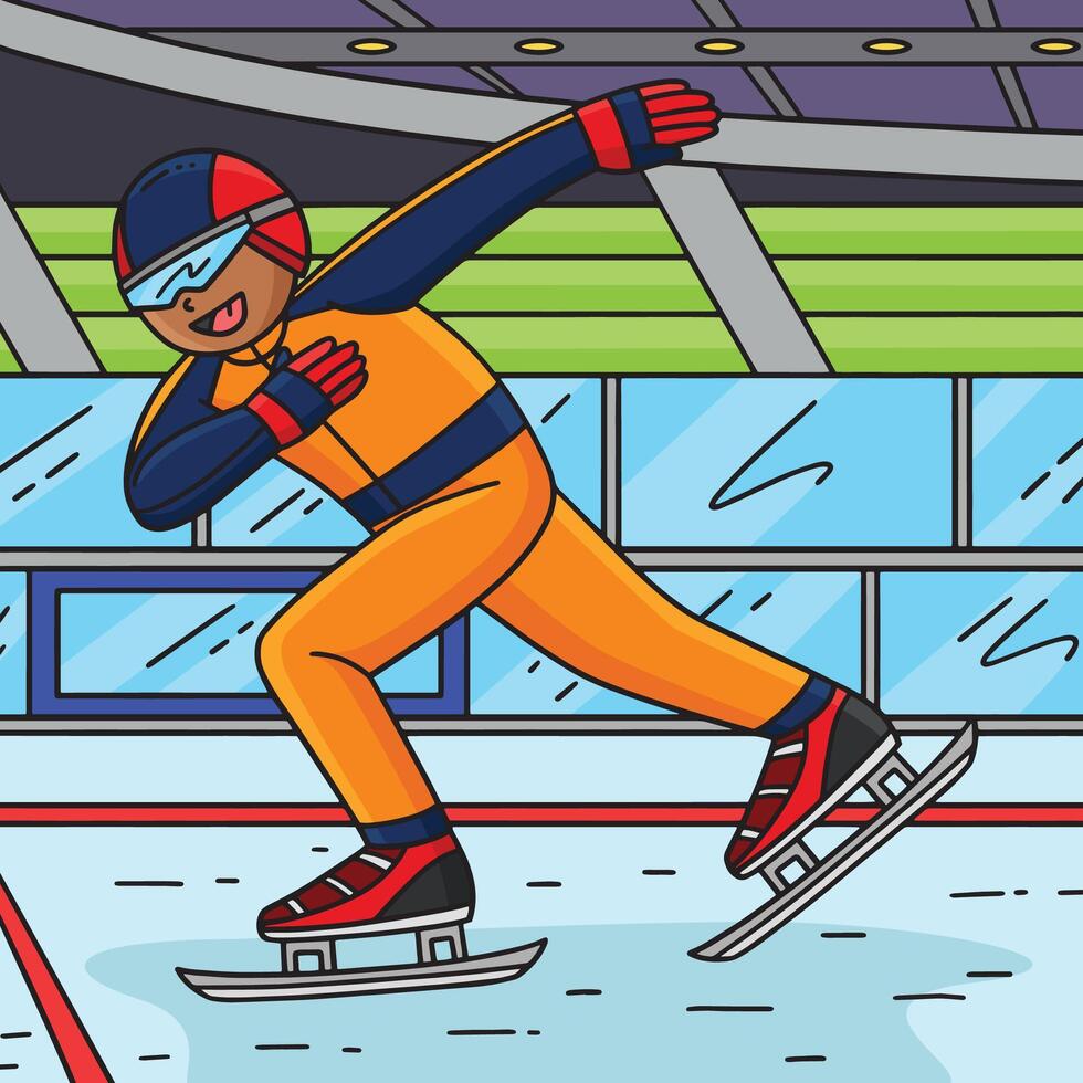 Speed Skating Male Gaining Speed Colored Cartoon vector