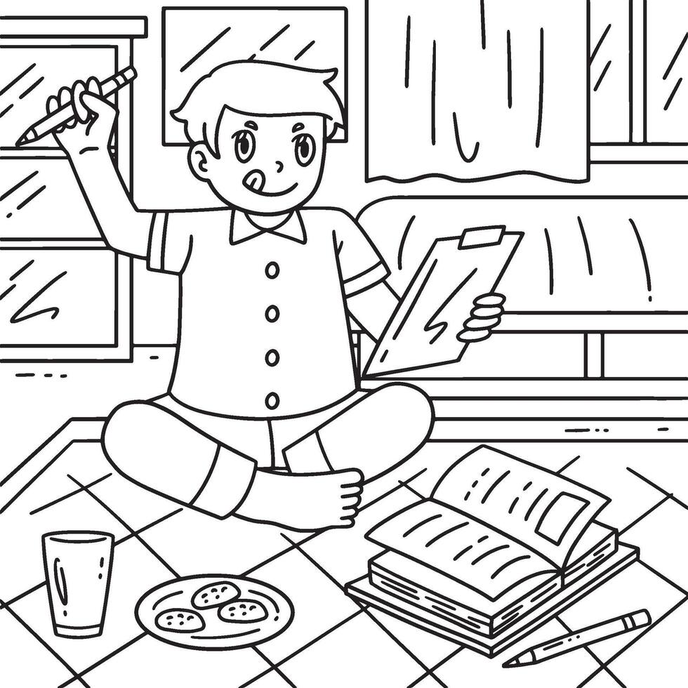 Sleepover Boy doing Homework Coloring Page vector