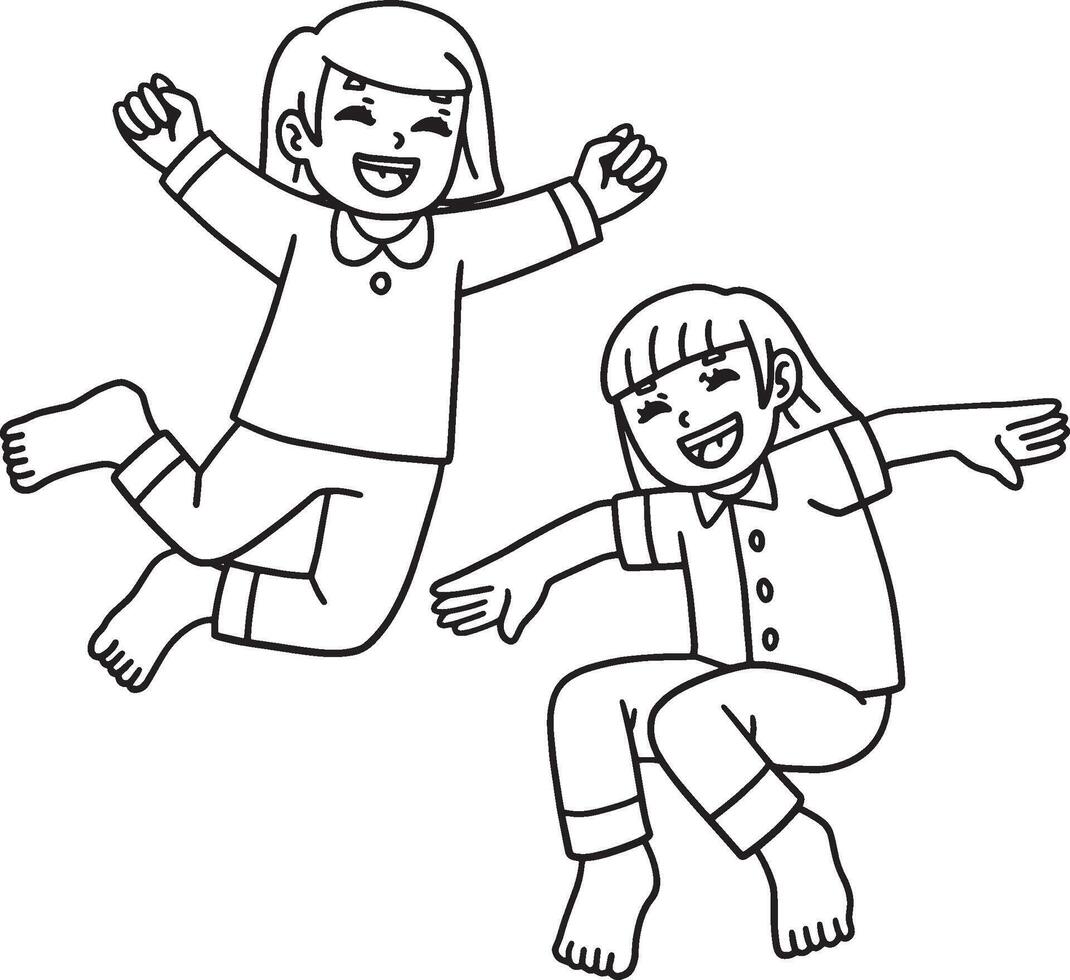 Sleepover Girls Jumping on Bed Isolated Coloring vector