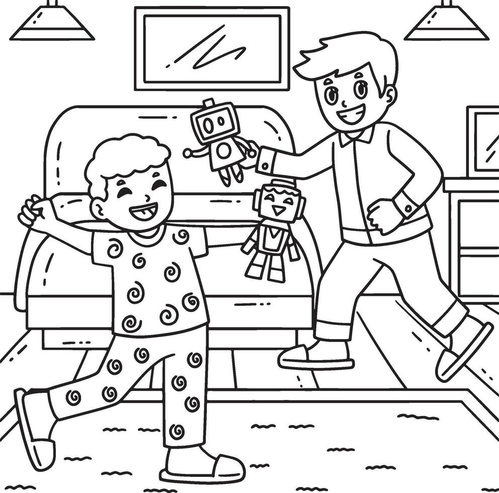 Sleepover Boys Playing Robots Coloring Page vector