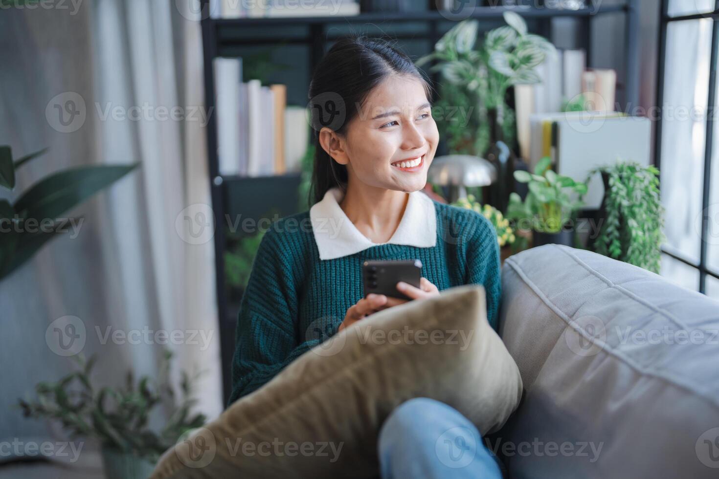 woman user customer hold smart phone Social media addiction with finger rings using online app on mobile phone browsing Internet chatting on social media. photo