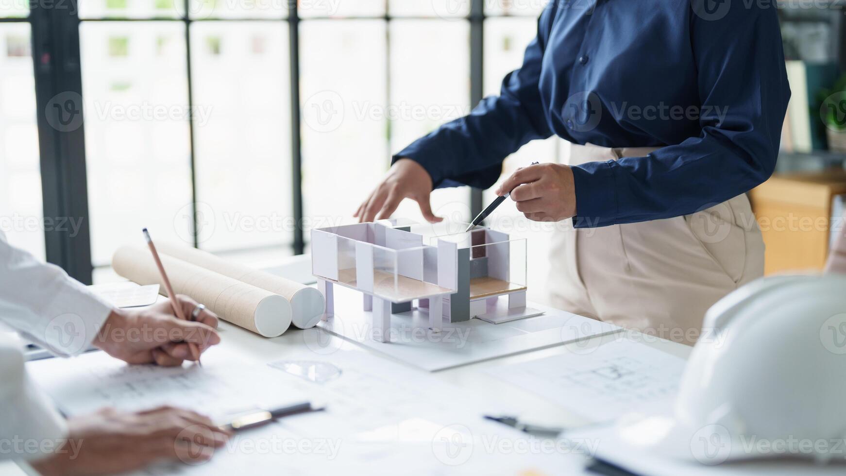 Architecture drawing on architectural Creative project business architecture building construction Industrial engineering Achievement Planning Design on blueprint photo