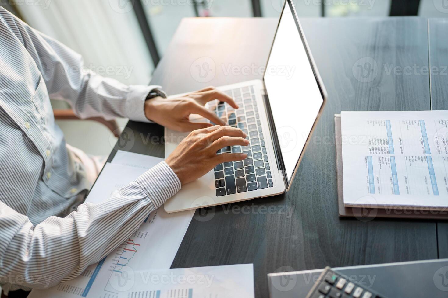Business man using laptop blank screen computer working in office mockup image blank screen computer white background photo