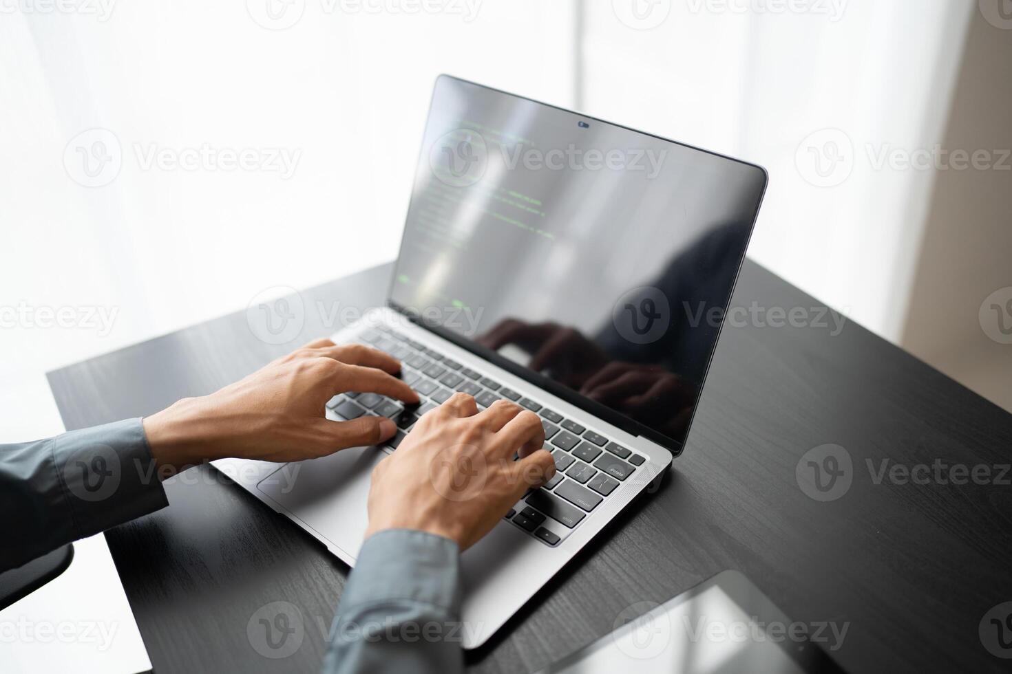 Business man working with laptop Hands typing keyboard working new start up project. business planning in office. Technology business. photo