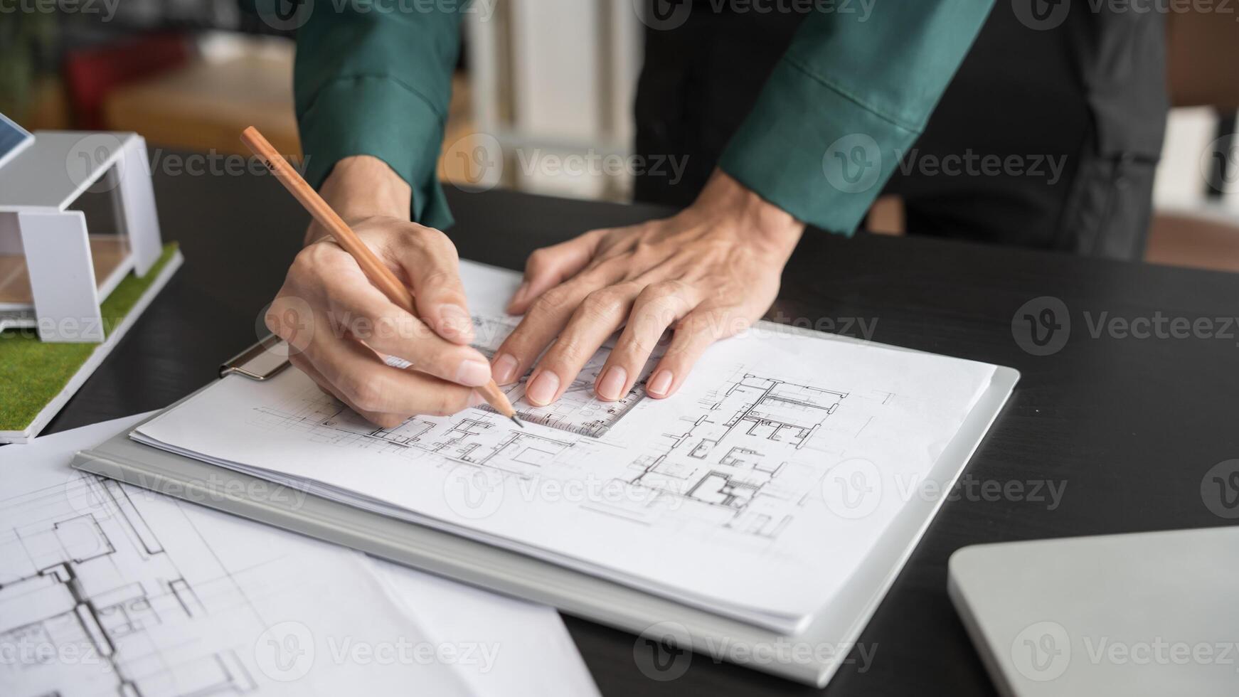 Architecture Man drawing on architectural Creative project business architecture building construction Industrial engineering Achievement Planning Design on blueprint photo