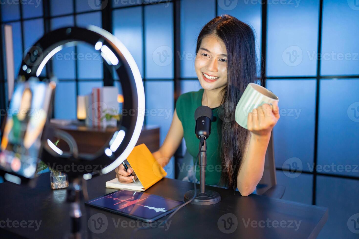 a woman is sitting at a desk with a camera and microphone photo