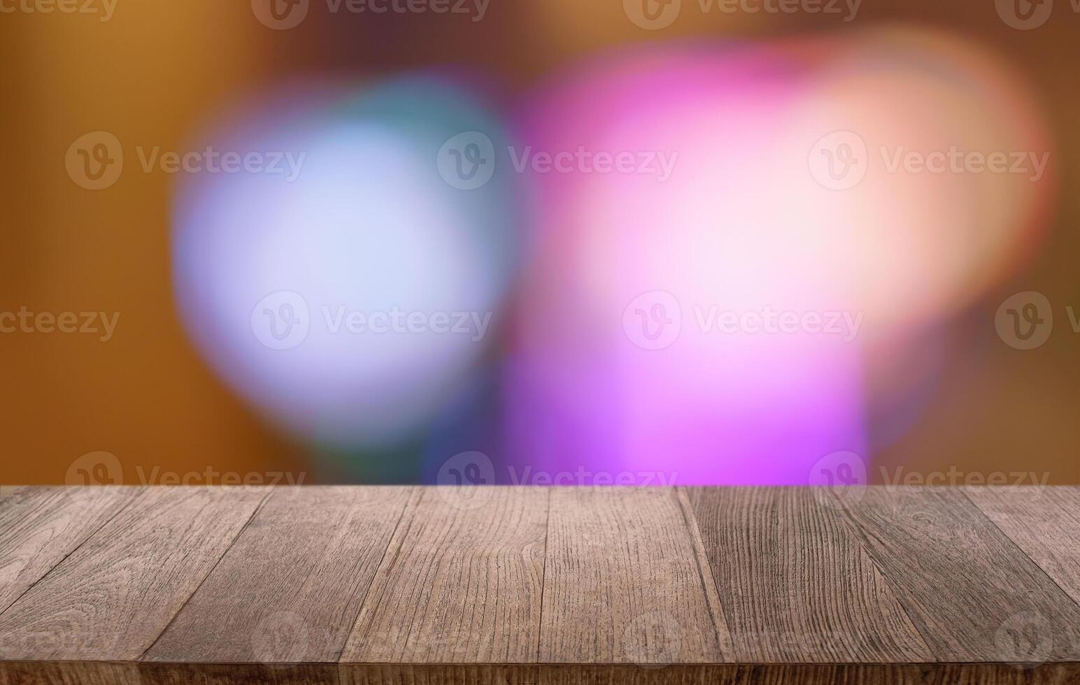 Empty wood table top and blur restaurant background, selective focus product display. photo