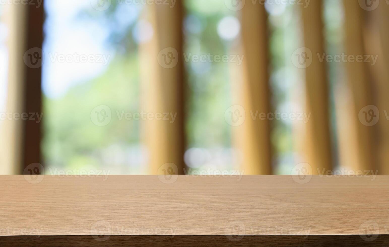 Empty wood table top and blur restaurant background selective focus product display photo