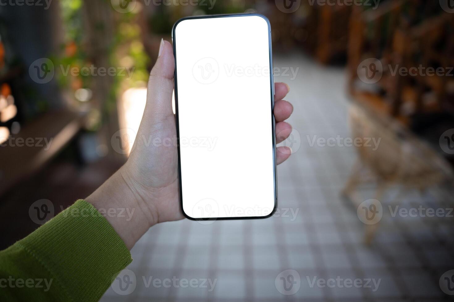Smart phone mockup, Women hands holding cell phone blank copy space screen smartphone blank white screen isolated technology concept. photo