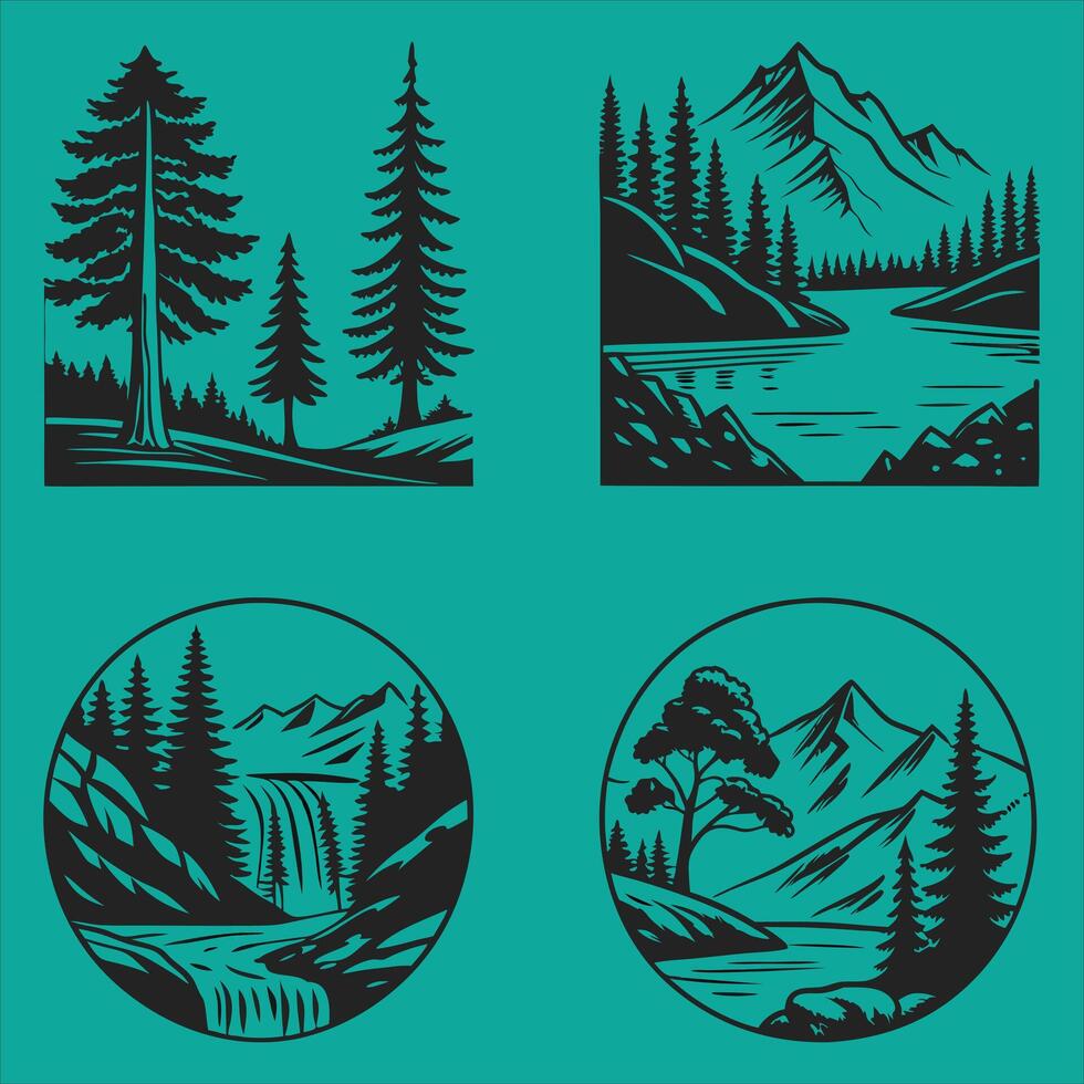 Nature landscapes illustration collection depicting mountains trees rivers and forest scenery vector