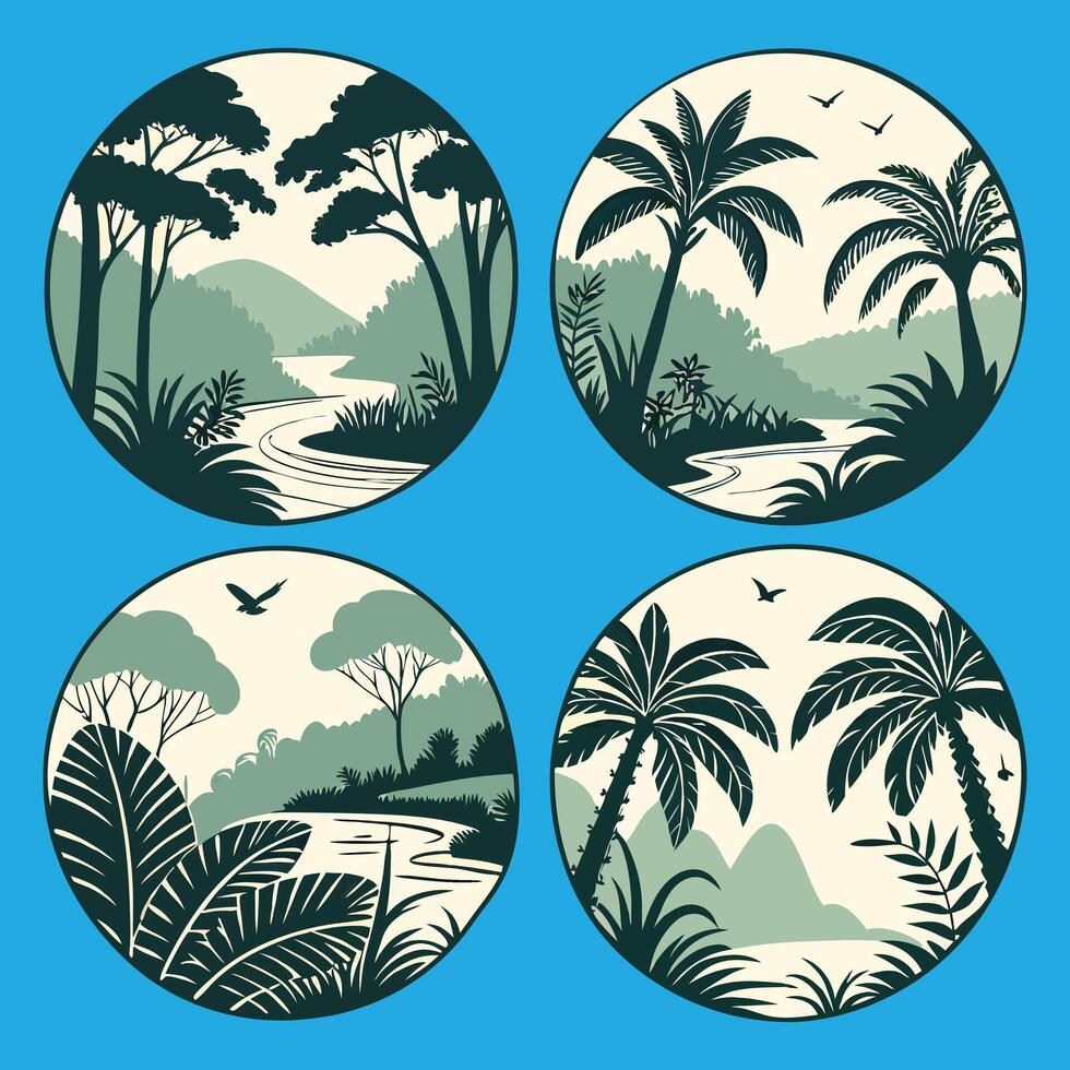 Collection of flat jungle landscape illustrations in circular frames with greenery and palm trees vector