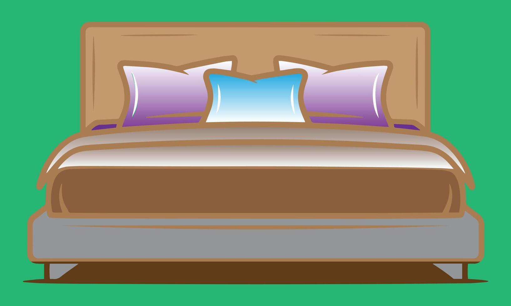 illustration of a modern bed with pillows and bedding on a green background. vector