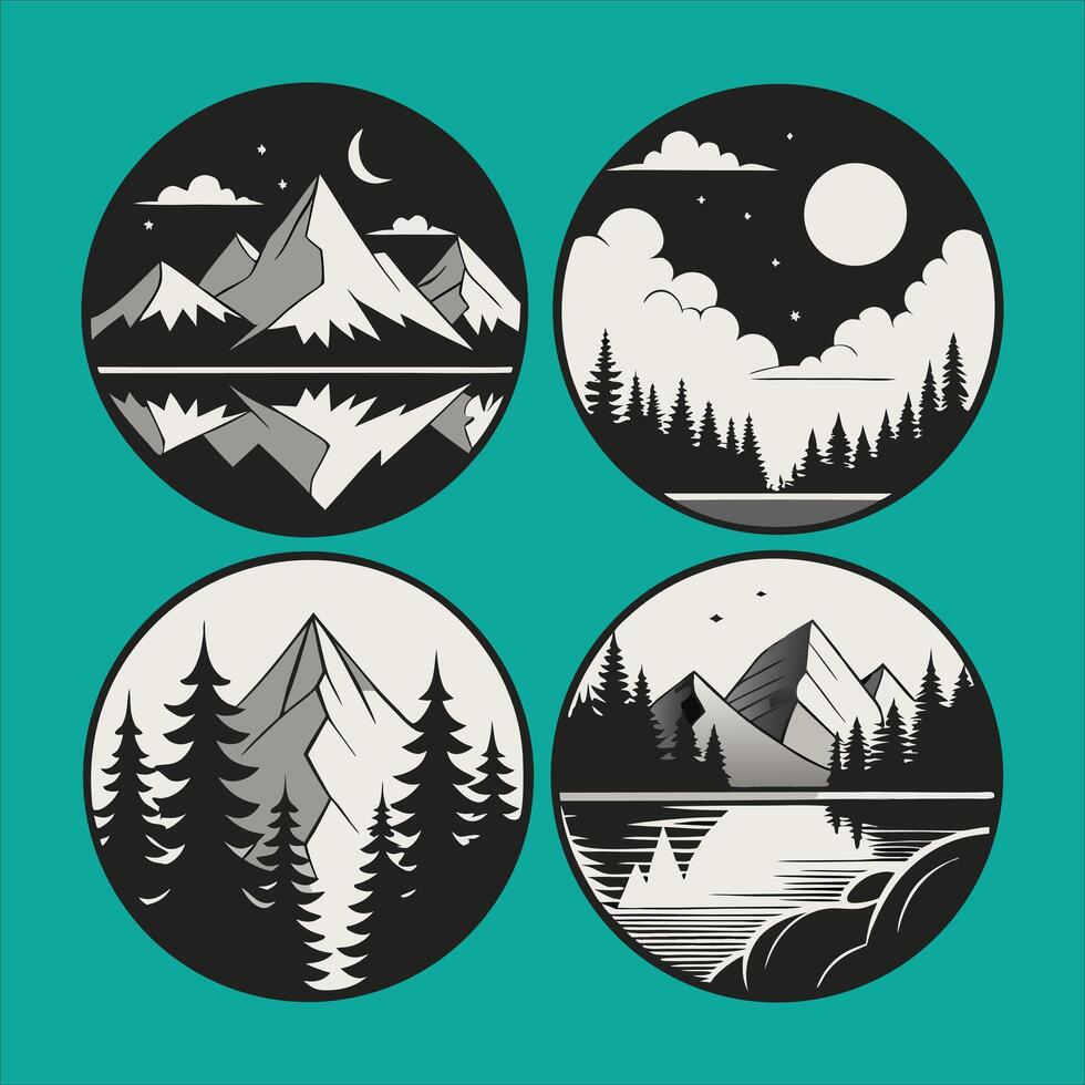 Four circular illustrations of mountain landscapes featuring pine trees and nature scenes vector