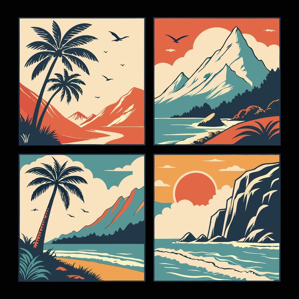 Retro style illustrations of tropical landscapes featuring palm trees beaches and mountains at sunset vector