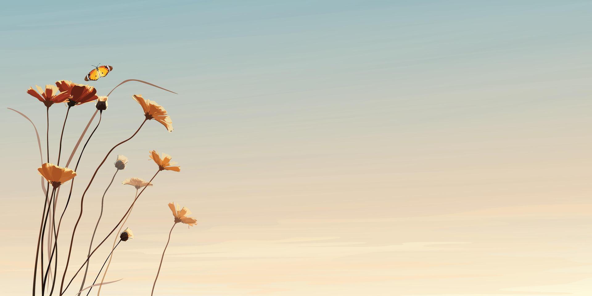 Silhouette flowers with butterfly with vanilla sky background graphic illustration have blank space. vector