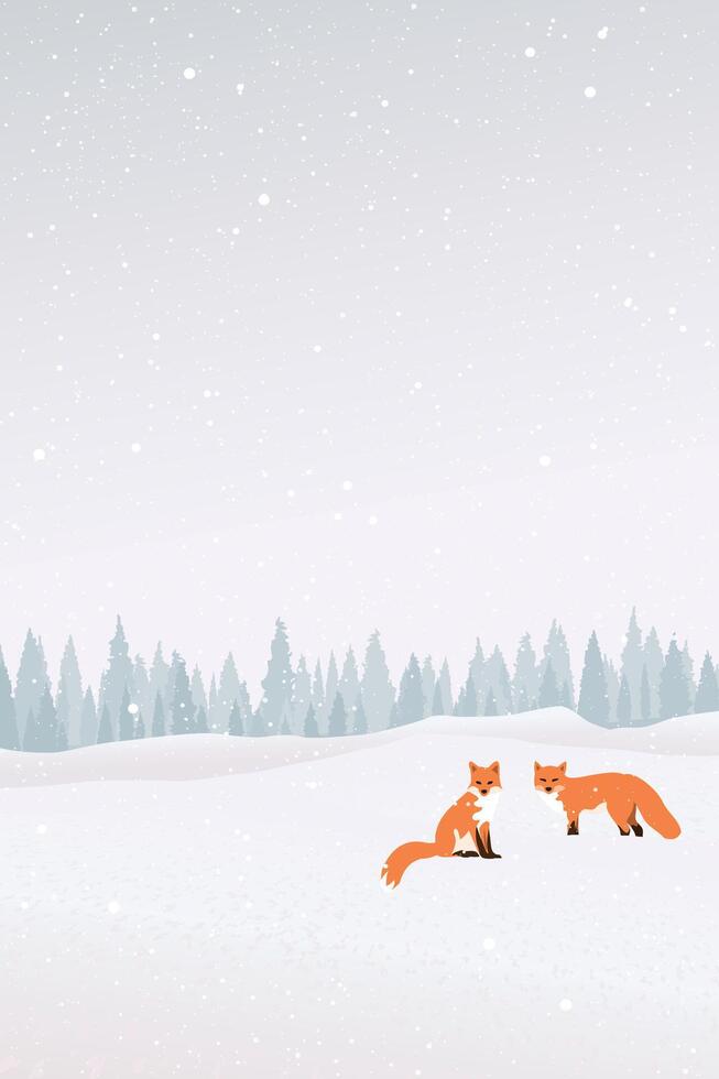 Snawfall in minimalist snowscape with two foxes have pine forest far away vertical template graphic illustration. vector