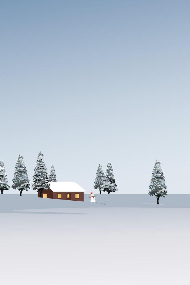 Minimalist snowscape with cottage, snowman and pine forest have blue sky vertical background graphic illustration. vector