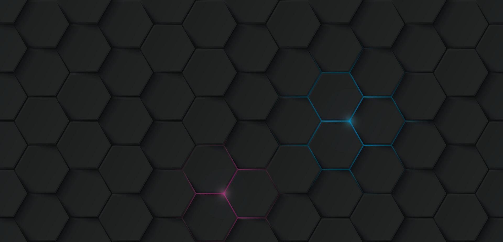 Abstract 3D black hexagonal pattern with a small pink and blue light glowing out from the back graphic illustration. vector